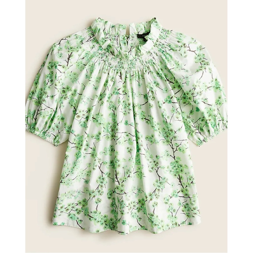 J Crew Smocked Neck Puff Sleeve Top in Lime Cherry Blossoms XS Cotton